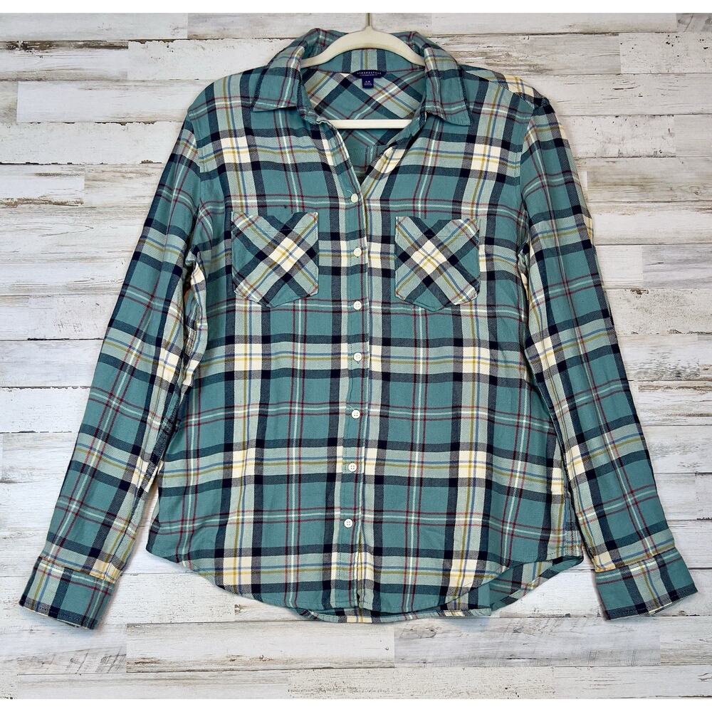 Aeropostale Women’s Large Blue Green Plaid Flannel Shirt Long Sleeve Button Up